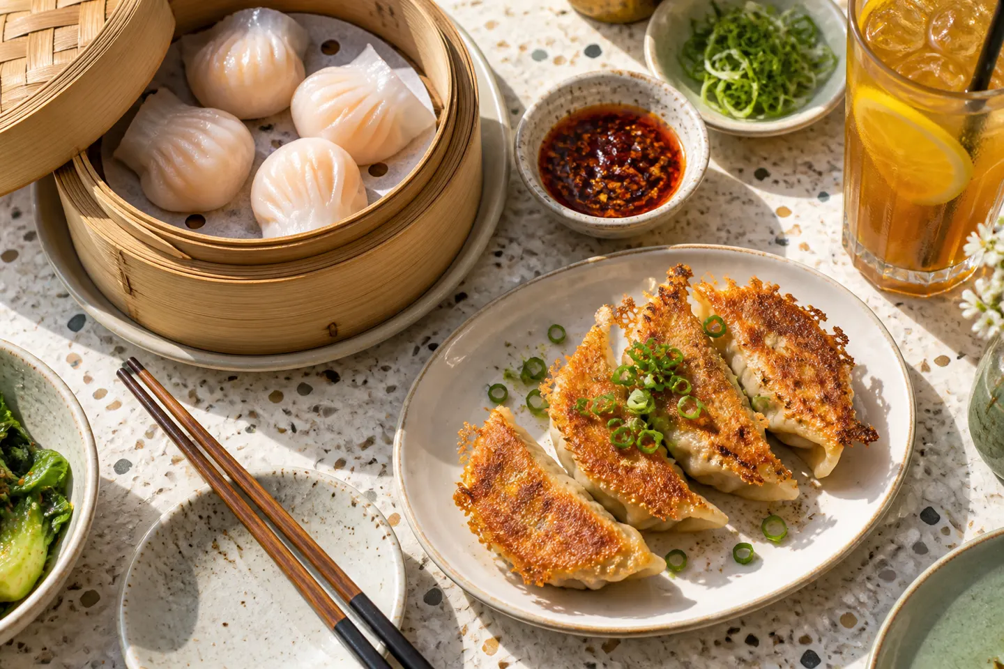 Dumplings and tea at a sunlit restaurant table